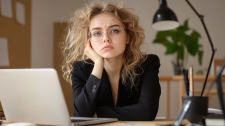 A young woman with curly hair sits at her desk, resting her chin on her hand, showing frustration in her casual office environment.の素材