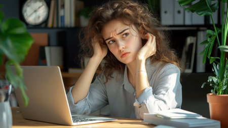 A young woman appears frustrated while working on her laptop in a stylish home office. She struggles with concentration and stress amidst a plant-filled backdrop.の素材