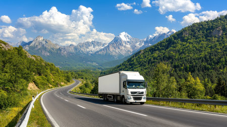 A stunning image capturing a truck driving along a winding road surrounded by majestic mountains and lush greenery, evoking adventure and freedom.の素材
