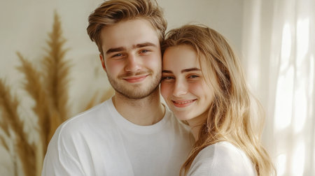 A cheerful young couple shares warm smiles in a bright indoor setting, capturing the essence of love and happiness in a natural light-filled space.の素材