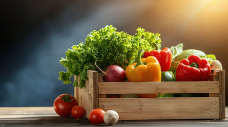 A vibrant arrangement of fresh vegetables in a wooden crate, showcasing red, yellow, and green peppers, lettuce, and tomatoes against a dark background, perfect for healthy eating themes.の素材