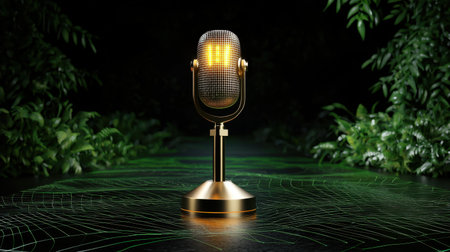 A stunning retro microphone adorned with glowing lights sits elegantly amidst lush greenery, creating a striking visual for music, nature, and artistic themes.の素材