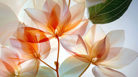 A stunning floral arrangement featuring delicate petals in soft orange hues, complemented by translucent leaves, creating an elegant and serene atmosphere.の素材