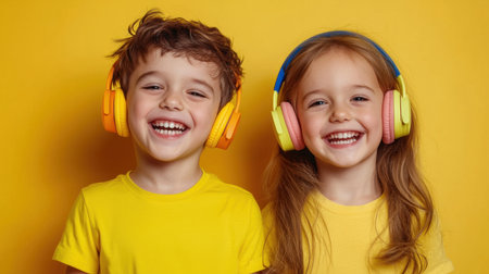 Two joyful children with colorful headphones share a playful moment against a vibrant yellow background, radiating happiness and friendship in their smiles.の素材