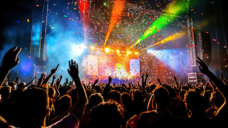 A lively crowd enjoys an outdoor concert filled with vibrant lights and confetti, capturing the essence of celebration, excitement, and togetherness.の素材