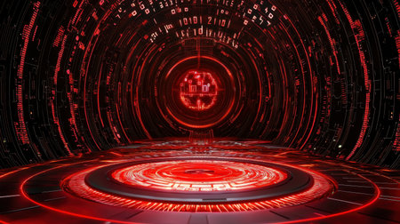 A captivating futuristic digital tunnel features vibrant red neon lights and intricate matrix patterns, perfect for technology or sci-fi projects.の素材