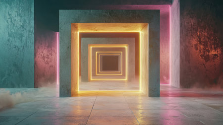 Explore an abstract corridor featuring geometric shapes with glowing lights. The vibrant colors and ethereal ambiance create a captivating, modern atmosphere.の素材