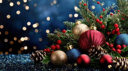 A beautiful holiday arrangement featuring colorful ornaments, pine cones, and greenery creates a warm and festive atmosphere perfect for Christmas celebrations.の素材