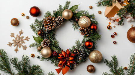 A beautiful Christmas wreath featuring ornaments and pinecones creates a festive atmosphere. Perfect for holiday decoration, giving a warm and cheerful touch to any setting.の素材