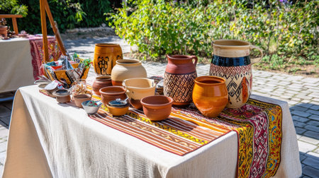 A vibrant display of handcrafted pottery showcased on a table adorned with colorful textiles, surrounded by lush greenery under bright sunlight, emphasizing cultural artistry.の素材