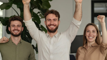A vibrant team celebrating in a modern office, showcasing unity and positivity. Their smiles reflect joy in achieving a collective goal and motivation in work.の素材