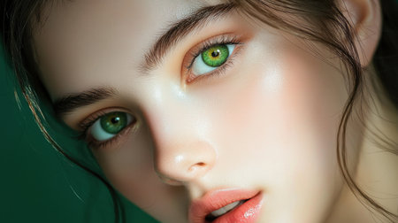 Captivating close-up portrait of a beautiful young woman with striking green eyes and radiant skin, showcasing her natural beauty and serene expression.の素材