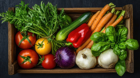 A vibrant collection of fresh vegetables including tomatoes, carrots, onions, and peppers arranged in a rustic wooden box against a dark backdrop, perfect for culinary use.の素材