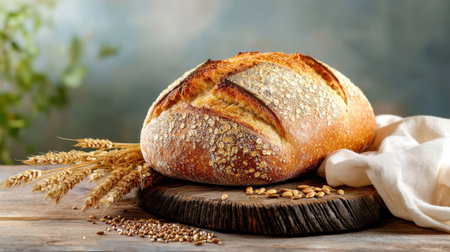 A beautifully crafted rustic bread loaf on a wooden board surrounded by wheat. Ideal for culinary themes and natural food photography, showcasing freshness and artisan craftsmanship.の素材