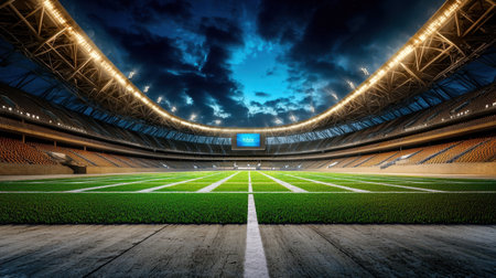A striking view of an empty football stadium illuminated at dusk. The vibrant sky and bright lights create a thrilling atmosphere for fans and players alike.の素材