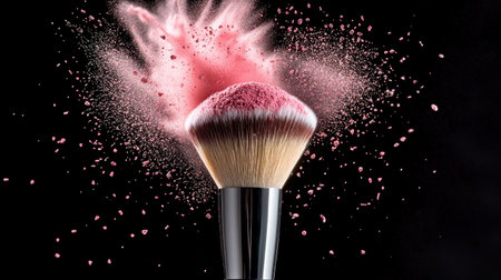 This visually striking image features a makeup brush releasing a burst of pink powder against a black background, capturing the essence of beauty and artistry.の素材