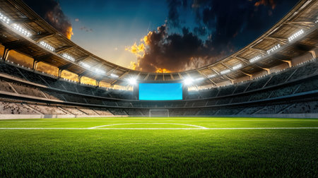 A breathtaking view of a modern stadium featuring lush green grass and a dramatic sky at dusk, perfect for capturing the excitement of outdoor sports.の素材