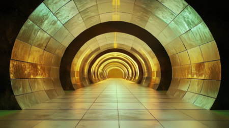 A captivating futuristic tunnel featuring golden lights and reflective surfaces, creating a mesmerizing ambiance. Ideal for themes of exploration and innovation.の素材