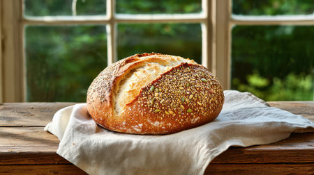 A freshly baked artisan bread loaf rests on a rustic wooden table, illuminated by soft sunlight from the window, showcasing its crusty texture and inviting aroma.の素材
