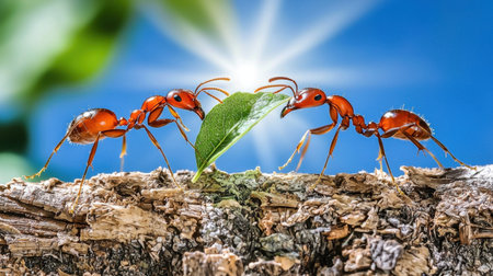 Two ants are seen working together over a leaf, showcasing teamwork in nature. Sunlight enhances the vivid colors against the backdrop of vibrant greenery.の素材