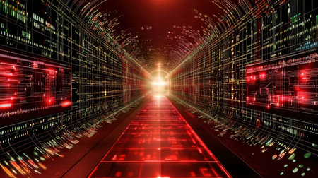 A mesmerizing digital tunnel filled with vibrant lights and abstract data patterns, evoking a sense of speed and advanced technology in a futuristic virtual environment.の素材