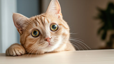 A close-up portrait of a cute ginger cat with large expressive eyes resting its chin on a wooden surface, showcasing its charming personality and curious gaze.の素材