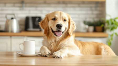 A cheerful golden retriever dog sits comfortably on a wooden table beside a coffee mug, radiating joy and companionship in a cozy kitchen setting.の素材