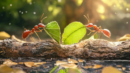 Two red ants work together to gather leaves on a branch, showcasing nature's teamwork and delicate beauty in a sunlit forest environment filled with vivid colors.の素材