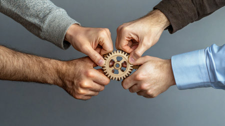 Diverse hands grasp a wooden gear, symbolizing collaboration and teamwork. This image represents the essence of cooperation and innovation in business settings.の素材