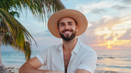 A cheerful man wearing a straw hat smiles at the beach during a vibrant sunset. Palm trees frame the scene, creating a warm and inviting atmosphere.の素材