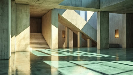 A stunning interior showcasing modern concrete architecture with dramatic lighting and unique textures. This empty space emphasizes clean lines and minimalism.の素材