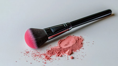 A vibrant makeup brush rests elegantly beside blush powder on a clean white surface. Captures beauty tools in an aesthetic arrangement, highlighting artistry in cosmetics.の素材