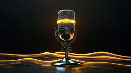 A stunning close-up of a vintage microphone featuring glowing light effects, set against a dark background. Ideal for themes of audio, recording, and performance.の素材