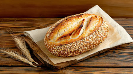 A rustic loaf of freshly baked bread topped with oats, rests on a wooden board alongside wheat stalks, perfect for showcasing culinary warmth and comfort.の素材