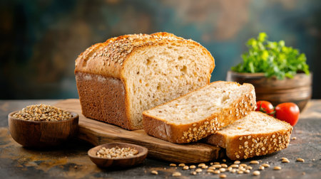 A beautiful loaf of freshly baked whole wheat bread topped with sesame seeds. Ideal for showcasing culinary processes, healthy eating, and rustic kitchen themes.の素材