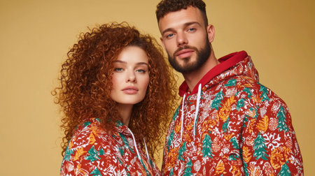 Young couple in vibrant festive hoodies gazes confidently at the camera, showcasing a joyful and stylish winter look against a bright yellow background.の素材