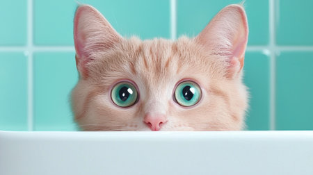 A charming ginger kitten with big, expressive eyes peeks over the edge of a bathtub. The playful pose and bright background highlight its adorable curiosity and youthful innocence.の素材