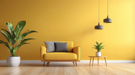 A vibrant yellow living room featuring a modern sofa, stylish plants, and unique decor elements, creating an inviting and cozy atmosphere perfect for relaxation.の素材