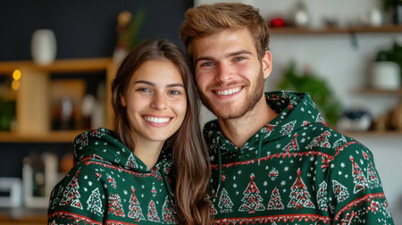 A happy couple poses in their matching holiday sweaters, radiating joy and warmth in a cozy home setting. Their smiles reflect the spirit of togetherness during the festive season.の素材