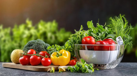 A vibrant assortment of fresh organic vegetables displayed in a glass bowl on a wooden board. Perfect for healthy meal preparation and culinary creativity.の素材