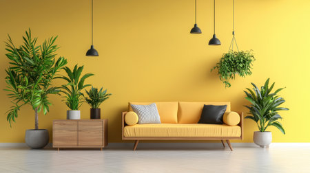 A cheerful living room featuring a bright yellow wall, stylish couch, and various indoor plants, creating an inviting and vibrant atmosphere perfect for relaxation or socializing.の素材