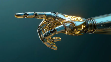A futuristic metallic robot hand points towards the year 2026, symbolizing innovation and technological advancement in a sleek and modern design.の素材