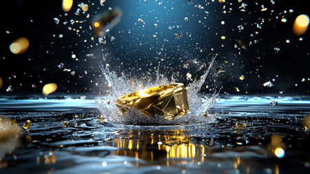 A stunning gold ring creating a dynamic splash in water, showcasing vibrant sparkles and reflections that symbolize luxury, beauty, and elegance.の素材