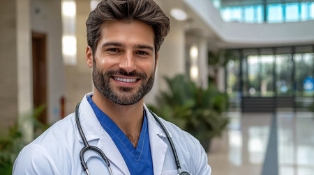 A cheerful male doctor stands in a modern medical facility, reflecting professionalism and care. His warm smile conveys confidence and approachability in healthcare.の素材