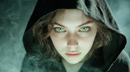 This captivating portrait features a young woman in a hood, highlighting her enchanting green eyes. The smoke and dramatic lighting create a mysterious atmosphere.の素材