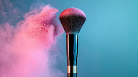A vibrant makeup brush releasing a cloud of colorful powder creates a striking visual on a blue and pink gradient background, showcasing beauty artistry.の素材