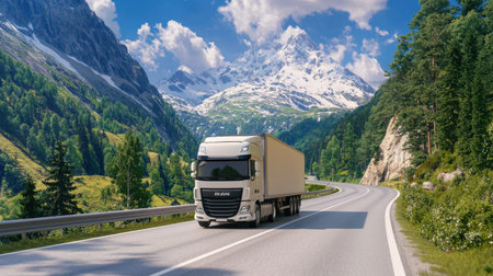 A truck drives along a scenic mountain road surrounded by lush greenery and majestic peaks. This image captures the beauty of nature and the essence of travel.の素材