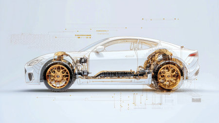 This illustration features a futuristic car design with a transparent body showcasing intricate internal components and systems. Ideal for technology and automotive themes.の素材
