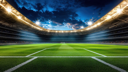 A captivating view of a vibrant soccer stadium at twilight, showcasing lush green grass and bright lights illuminating the field, inviting excitement and energy.の素材