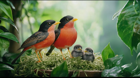 This captivating image features vibrant tropical birds tending to their nest with charming chicks, beautifully surrounded by lush greenery, showcasing nature's delicate balance.の素材